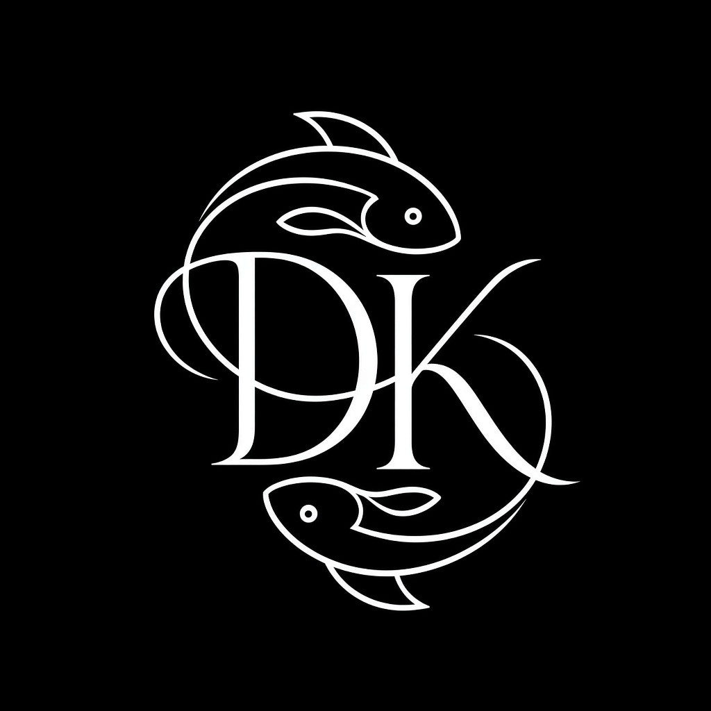 Keep Dreaming Pisces approved mark — DK monogram with flowing fish white on black